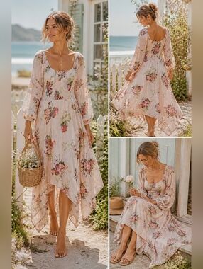 Free People Morning Glory Floral Smocked Long Sleeve Maxi Dress | Cotton | Med